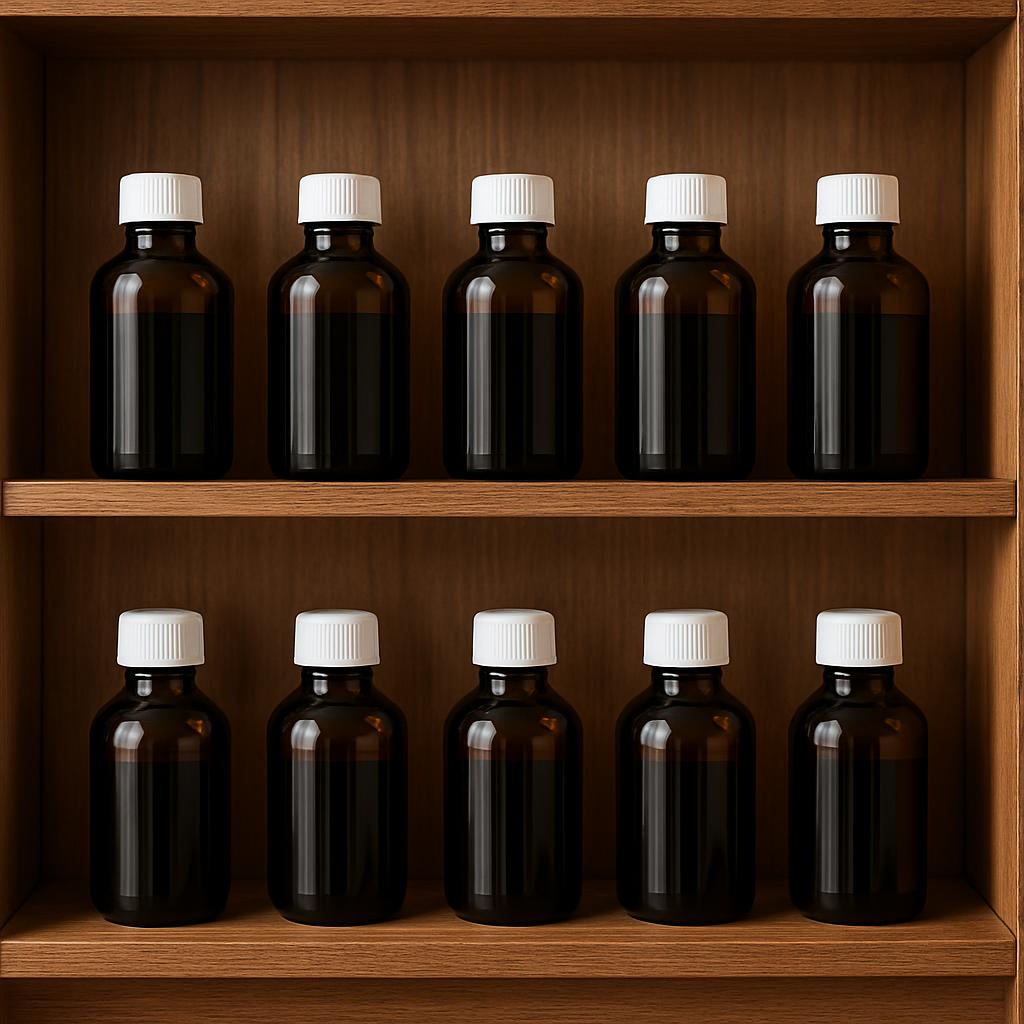 A collection of dark brown glass bottles with white caps, each placed on two identical wooden shelves against a matching w...