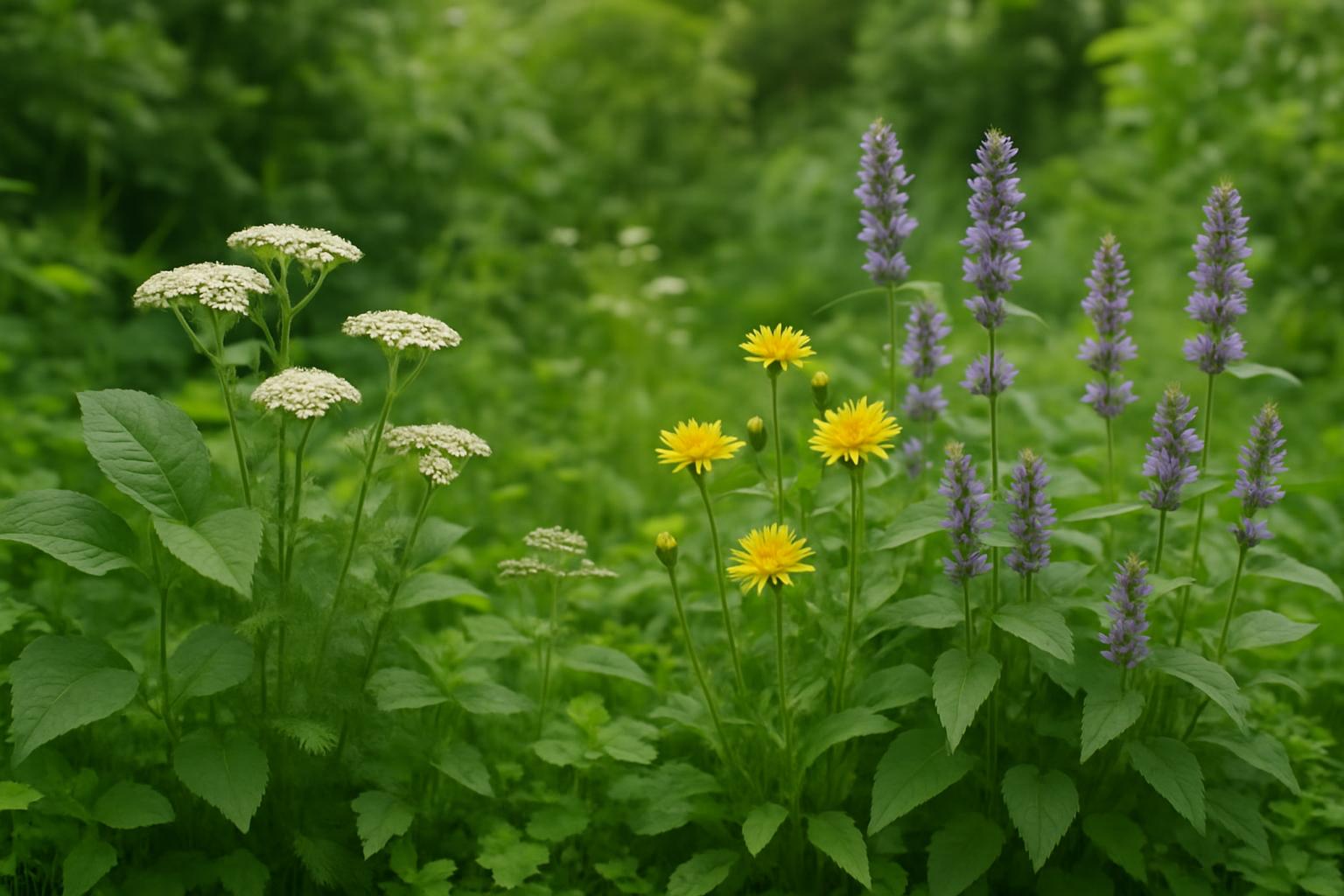 A densely-foliated natural area featuring delicate, small wildflowers. There are two white flowers with tall stalks cluste...