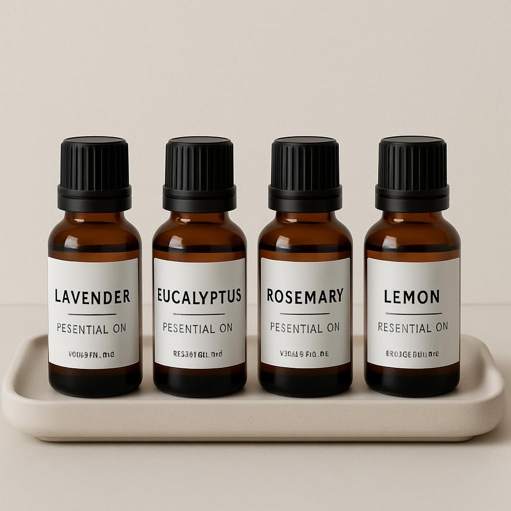 Four essential oils: lavender, eucalyptus, rosemary, and lemon, arranged on a shallow tray.