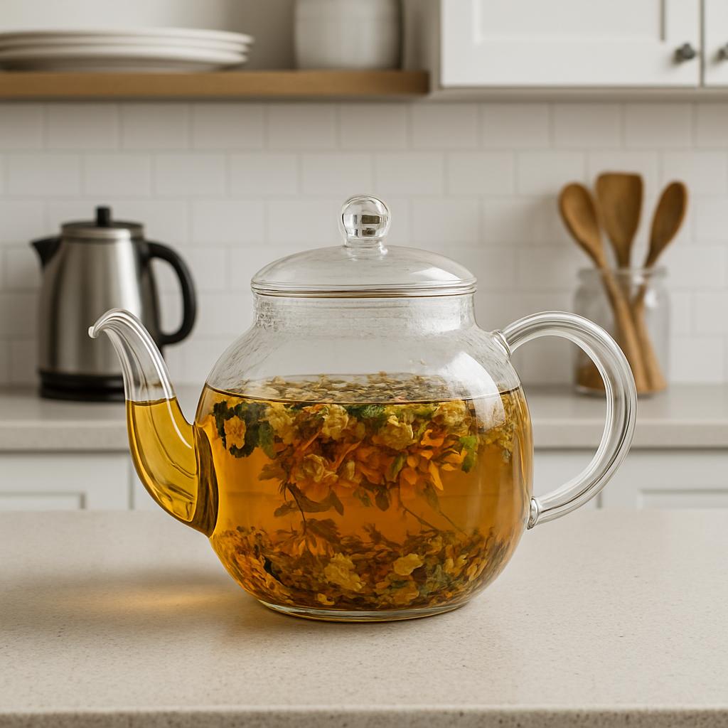 The tea depicted contains a mixture of natural elements such as flowers and leaves produced by a plant, in a liquid medium...