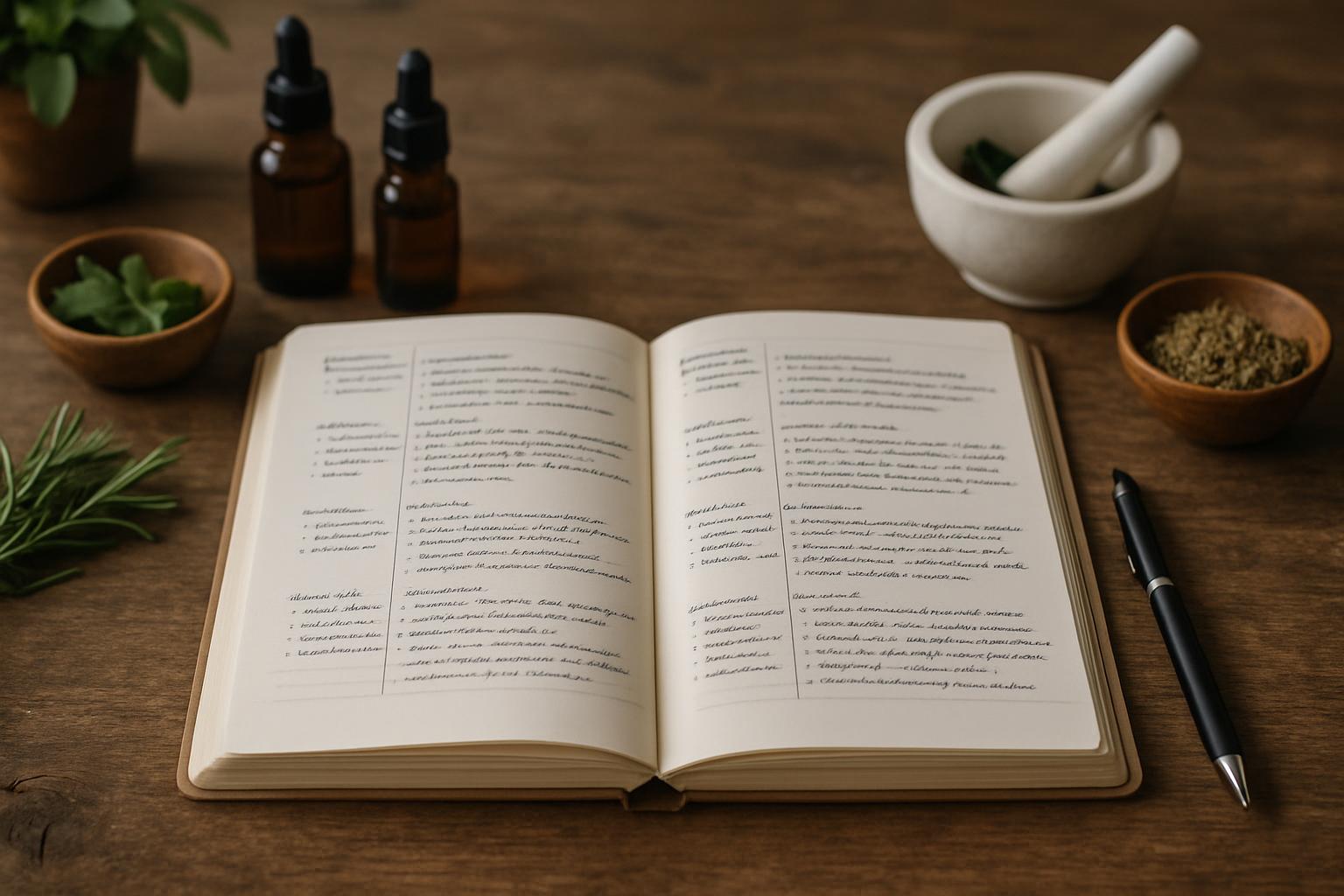 A book with handwritten notes open on a wooden table surrounded by herbs and bowls with various spices.